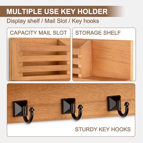 Key Holder Wall Mount, Mail Organizer for Wall with 5 Square Rustic Key Hooks Key Shelf Farmhouse Home Decor for Entryway - color: Wood