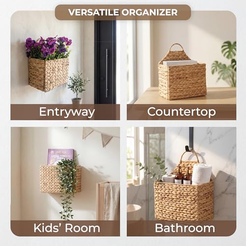 Boho Water Hyacinth Hanging Wall Basket, Flat Back Woven Storage Organizer for Mail, Books and Magazines, Decorative Wall Basket for Entryway and Farmhouse Home