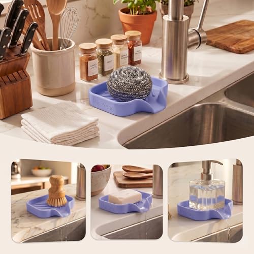 MicoYang Silicone Bathroom Soap Dishes with Drain Spout-Bathroom and Kitchen Sink Organizer,Sponge Holder,Dish Soap Tray,Perfect for Dispenser,Scrubber,Bottle on Sink or Counter-Light Purple 4.9"×3.2" - color: Light Purple, size: S(4.9"×3.2")