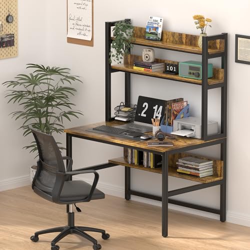 Aquzee Computer Desk with Hutch, 47“W x 23.6" D Desk with Shelves, Tall Home Office Desk with Bookshelf, Metal Legs Study Table with Upper Storage Shelf for Study Writing/Workstation - color: Brown, size: 47inch