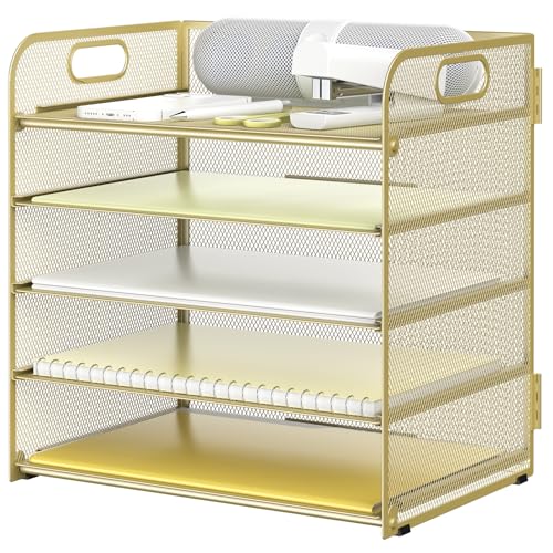 Sinboun Letter Tray Paper Organizer 5-Tier Desk Organizer File Organizer Paper Holder with Handle, Metal Desktop Document Shelf Tray Office Classroom Organization - Gold - color: Gold