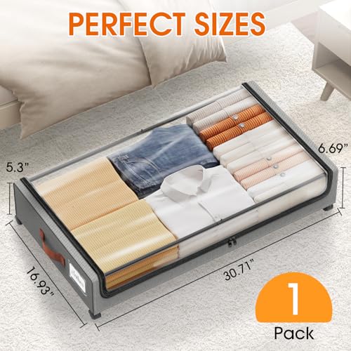 SpaceHacks Under Bed Storage with Wheels 1Pack Underbed Storage with Clear Window&Label Under Bed Drawers Large Capacity Rolling Under Bed Storage for Clothes,Shoes, Blankets (Light Grey) - color: Light Grey, size: 1 pack