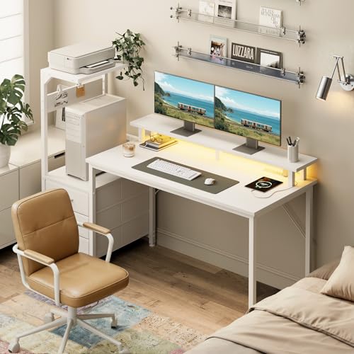 AODK 59 Inch Gaming Desk with USB Charging Ports & LED Light- Reversible Computer Desk with Storage Shelves & Monitor Stand, Modern Gamer Desk Table with Fabric Drawers, White - color: White, size: 59 inches