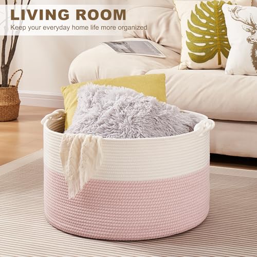 OIASKET Large Blanket Storage Basket for Living Room, 22.8" x 22.8" x 13" Woven Cotton Rope Basket with Handles, Baby Toy Storage, Laundry Hamper for Clothes, Pillows, Towels-Pink and White - color: Pink & White, size: 90L