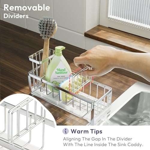 SWTYMIKI Sponge Holder for Kitchen Sink - Sink Caddy with Brush Holder Self-draining Sponge Caddy Organizer with Divider Stainless Steel Kitchen Accessories Storage for Countertop, Silver - color: Silver