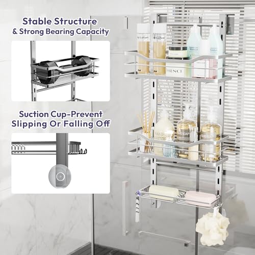 SWTYMIKI Over the Door Shower Caddy - 3 Tier Adjustable Shower Organizer Hanging with Soap Holder, No Drilling Stainless Steel Bathroom Rack Hanging for Body Wash, Shampoo, Soap, Razor, Silver - color: Silver-3 Tier