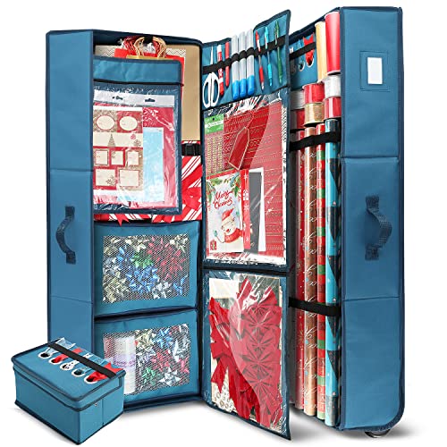 Hearth & Harbor Wrapping Paper Storage Container with Ribbon Dispenser and Interior Pockets - Large Christmas Storage Containers with Wheels, Fits 30 Rolls of 40" Length, Blue - color: Blue, size: Extra Large