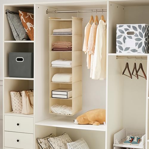 MAX Houser 6 Tier Shelf Hanging Closet Organizer, Cloth Hanging Shelf with 2 Sturdy Hooks for Storage, Foldable (Beige) - color: Beige