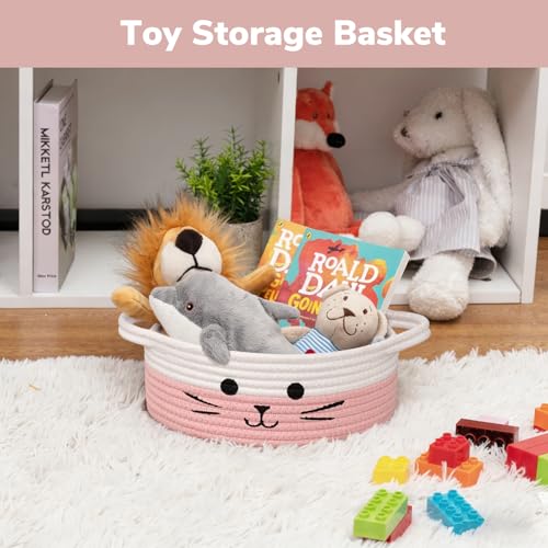 Cute Cat Toy Basket, Decorative Baby Gift Basket for Girls, Small Woven Baskets for Nursery Living Room, White & Pink, 9.8 x 4 inches - color: White & Pink, size: 9.8"W x 4"H