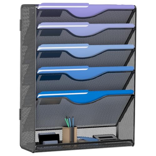 Gawerk 6 Tier Hanging File Organizer, Mesh Wall File Holder Paper Folder Rack with Bottom Flat Tray for Office Home, Black - color: Black, size: 6-T