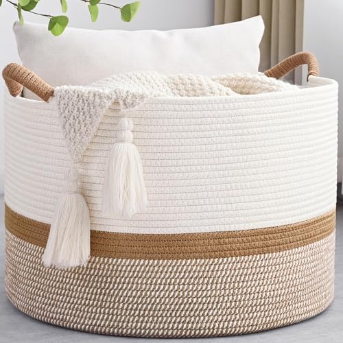45L Blanket Basket, 17.5"x11.5" Woven Storage Baskets With Handle, Cotton Rope Blanket Basket Living Room, Baby Laundry Basket for Blanket, Nursery, Toy, Pillow (White & Brown) - color: White & Brown, size: 45L