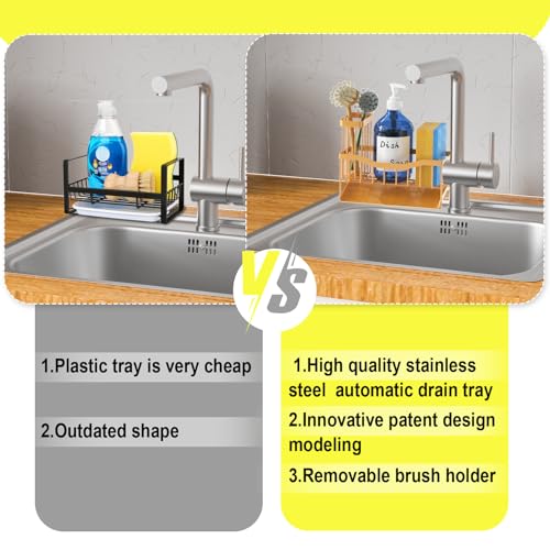 Fssvcd Maifan Sink Caddy Sponge Holder for Kitchen with Brush Holder and Stainless Steel Self Drain Tray, Rustproof Kitchen Sink Organizer for Sponge, Soap Dispenser Storage Accessories - color: Dark Gold Yellow