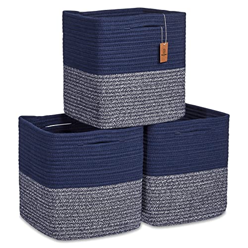 NaturalCozy Storage Cubes 11 Inch Cotton Rope Woven Baskets for Organizing, 3-Pack | Cube Storage Bin | Square Storage Baskets for Shelves Organizer, Classroom, Kids Toy Bins, Closet, Baby Nursery - color: Dark Blue & Mixed Dark Blue