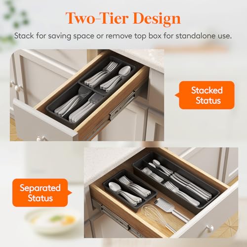 Lifewit Compact Silverware Organizer for Kitchen Drawer, Narrow Flatware Tray Holder, Plastic Cutlery Spoons, Forks and Knives Storage, Black, 1 Pack - color: Black