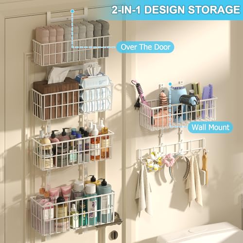 Hongtamoya Over The Door Organizer, Hanging Door Organizer with 5 Metal Baskets, Behind The Door Storage for Pantry Closet Bedroom Bathroom Cabinet Kitchen, White - color: White(new Version)