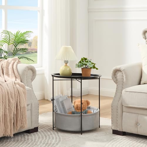 VECELO Round Side/End Table with Fabric Storage Basket，Metal Anti-Rust and Waterproof Small Bedside Nightstand with Removable Tray Top for Living Room，Balcony & Laundry，Black /2pcs with Basket - color: Black, size: 2 PCS with Basket