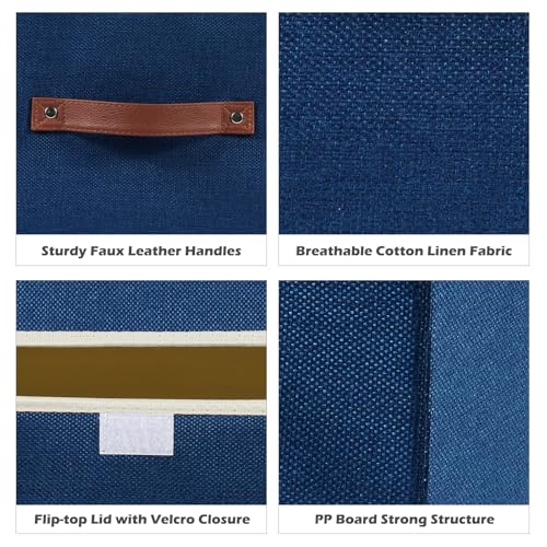 2PCS Storage Boxes with Lid Cotton Linen Fabric Storage Bins Organizer Container Decorative Collapsible Washable Shelf Closet Baskets Faux Leather Handles Home Bedroom (Deep Blue, Small) - color: Deep Blue, size: Small (Set of 2)