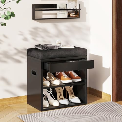 YMYNY Small Shoe Storage Bench with Cushion and Drawer, 2 Tier Adjustable Entryway Bench with Storage, Wooden Shoe Rack Bench for Entryway, Living Room, Hallway, Closet, Bedroom, Black, HSC002B - color: Black