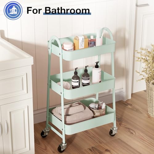 OLIXIS Metal 3 Tiers Utility Rolling Cart with Lockable Caster Wheels, Mobile Storage Shelf, Organization for Livingroom, Bathroom & Narrow Places, Pale Green - color: 3-tiered Pale Green, size: 3-Tiered 17 inches