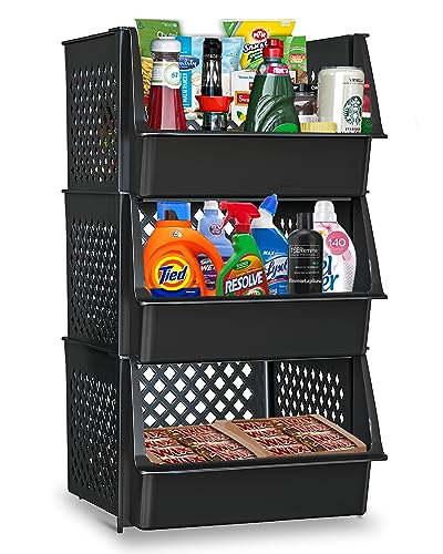 TidyFriend 3 Pk XLarge Stackable Storage Bins Open Front for Pantry Organizers and Storage, Pantry Storage for Food, Kitchen and Home Organization, Plastic Storage Bins, Dorm Room Essentials (Black) - color: Black, size: 3 Pack - Xlarge
