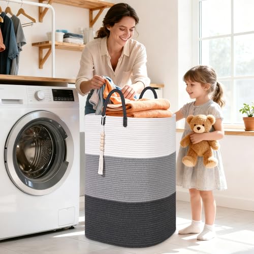 Woven Laundry Basket for Clothes,65 L Large Rectangle Laundry Hampers with Beads Tassel, Nursery Storage Basket for Toys, Tall Dirty Clothes Hamper for Bedroom Aesthetic, Laundry Room Organization - color: Gradient Gray, size: 65L