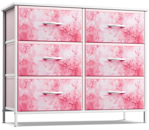 Sorbus Kids Dresser with 6 Drawers - Storage Chest Organizer Unit with Steel Frame, Wood Top & Handles, Tie-dye Fabric Bins for Clothes - Wide Furniture for Bedroom Hallway Kids Room Nursery & Closet - color: Pink Tie Dye, style: 6-Drawer