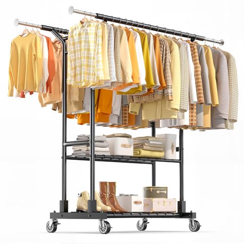 Luxspire Heavy Duty Clothes Rack Load 650 LBS, Double Rod Clothing Racks for Hanging Clothes, Rolling Garment Racks with Lockable Wheels, Shelves, Adjustable Laundry Hanging Rack, Black - color: Black