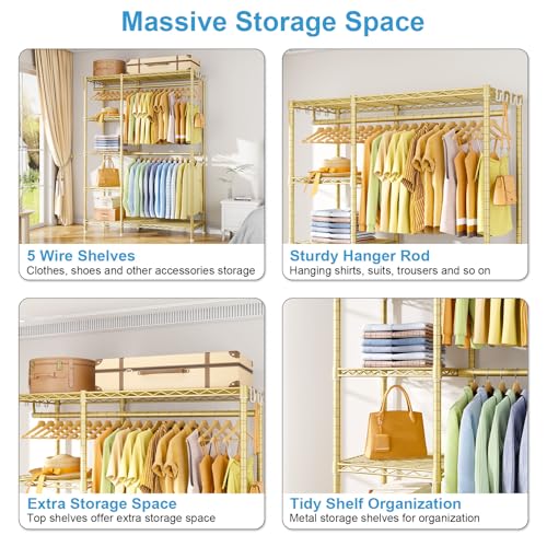 Ulif F2 Clothes Rack, 5 Tiers Heavy Duty Garment Rack for Bedroom, Freestanding Adjustable Closet Storage Organizer, 46.1" W x 15.4" D x 78.3" H, Load 630lbs, Upgraded Gold - color: Gold