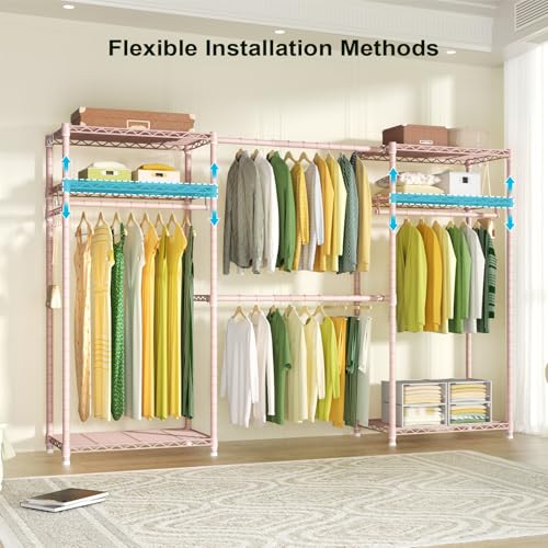 Ulif E1 Heavy Duty Closet Garment Rack, 6 Tiers Adjustable Metal Freestanding Expandable Clothing Storage with 4 Hanger Rods, Easy to Assemble Wardrobe, 71.4" H x (70" - 88.2") L x 14" D, Pink - color: Pink