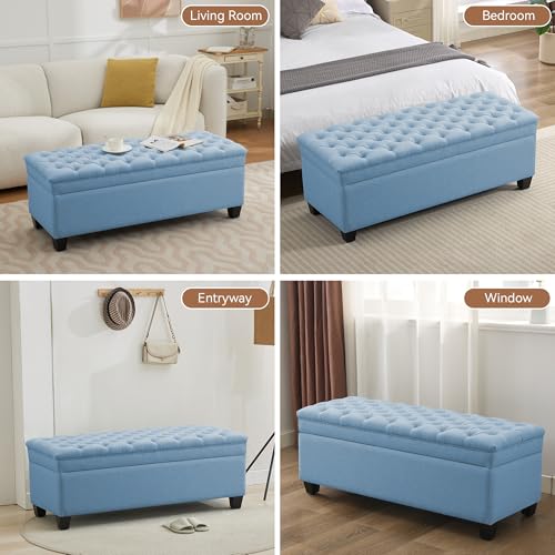 WUTUTUEE 51" Fabric Storage Ottoman Bench, Upholstered Rectangle End of Bed Storage Ottoman Tufted Living Room Bedroom Bench with Safety Hinge, Solid Wood Legs, Loads 500 lb(Light Blue) - color: Light Blue-fabric