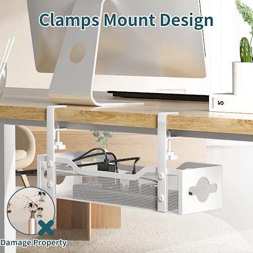 Under Desk Cable Management Tray White, Litwaro Cable Management Under Desk No Drill, Cable Organizer with Clamp for Wire Management, Cord Organizer for Office, Home No Damage to Desk - color: White, size: 15.75"