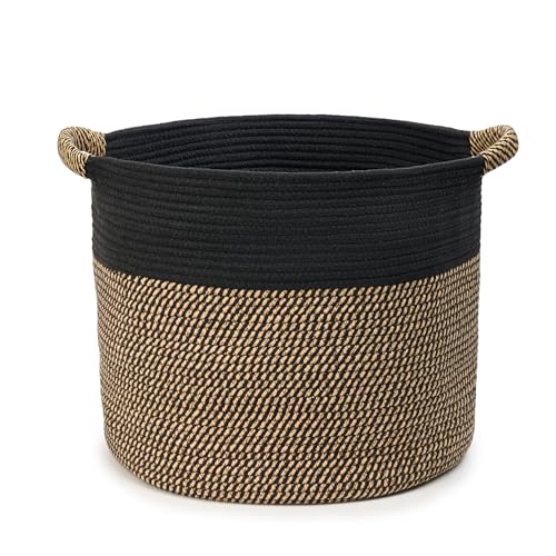 Blanket Basket - Woven Round Rope Storage Basket (16"Wx14"H) for Blankets & Throws, Small Laundry & Toy Organizer, Decorative Living Room & Bedroom Cotton Basket - Black & Jute - color: Black & Jute, size: Regular-16"Wx14"H