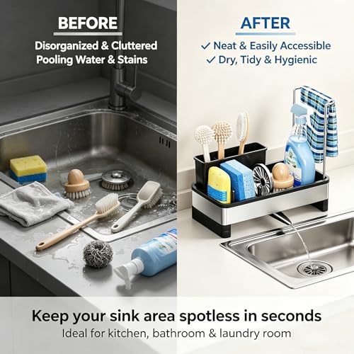 304 Stainless Steel Sink Caddy with Auto-Drain, Rustproof Sink Organizer, Sponge Holder with Removable Brush Holder & Towel Rack, Countertop Storage for Dish Soap Dispenser, Kitchen Sink Accessories