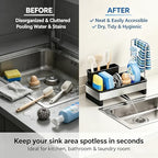 304 Stainless Steel Sink Caddy with Auto-Drain, Rustproof Sink Organizer, Sponge Holder with Removable Brush Holder & Towel Rack, Countertop Storage for Dish Soap Dispenser, Kitchen Sink Accessories