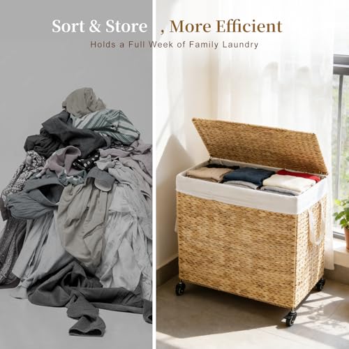 3-Section Laundry Hamper with Lid, Large Capacity Woven Natural Water Hyacinth Laundry Sorter with Removable Liners, Rolling or Non-Slip Design for Bedroom (Natural, 155L) - color: Natural, size: 3-Section