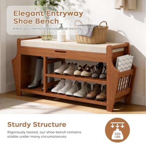 oakvivo 47.2in Shoe Bench Entryway - Bamboo Shoe Rack Bench with Storage, Shoe Rack Organizer with Cushion, 2 Side Holder, Holds Up tp 330lbs for Front Door Entrance, Living Room - size: 47.2 inch