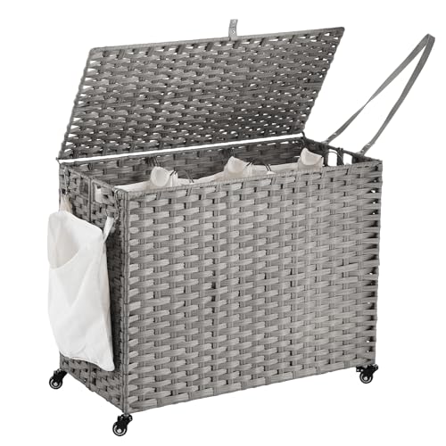 Laundry Hamper with Wheels, 52.8 Gallon(200L) Rolling Laundry Basket with Lid, 3-Section Rattan Clothes Hamper with 3 Removable Liner & 3 Mesh Bags, Laundry Sorter with Side Pocket, Grey - color: Grey, size: 200L（31.5 x 15.75 x 25.6 Inches）