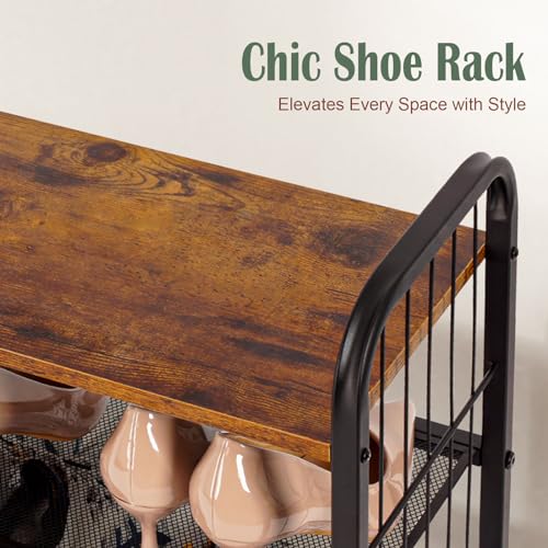 Shoe Rack, 5-Tier Shoe Organizer with Guardrails, Heavy-Duty Metal Mesh Shelves & Rustic Wooden Top for Stylish Closet & Front Door Storage - size: 17.32" X 10.24" X 29.33"