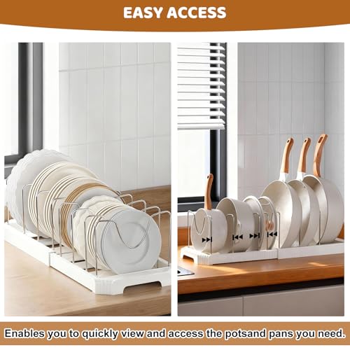 Pots and Pans Organizer Under Cabinet, 14-Slot Expandable Pot Rack Organizer with Cup Brush, Kitchen Pots and Pans Organizer for Cookware, Lids, Bakeware, Cutting Boards Tool-Free Installation (White) - color: White