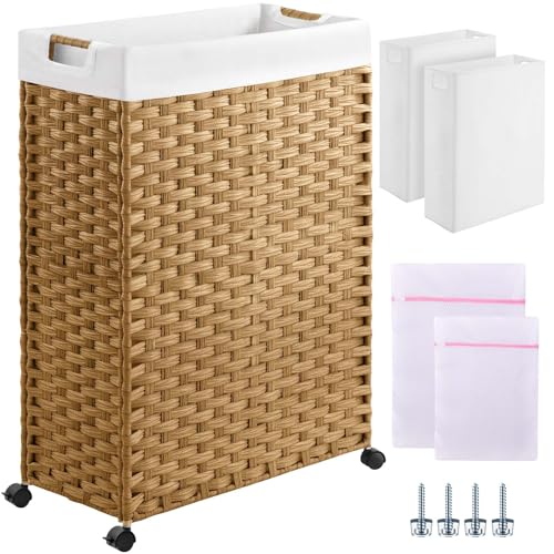 Greenstell Laundry Hamper with Wheels & Handles, 26.4 Gallon (100L) Slim Laundry Basket with 2 Removable Liner Bags & 2 Mesh Bags, Foldable Narrow Clothes Hamper for Bedroom, Bathroom, Closet, Natural - color: Natural, size: 100L (21.7 x 9.8 x 30.7 inches