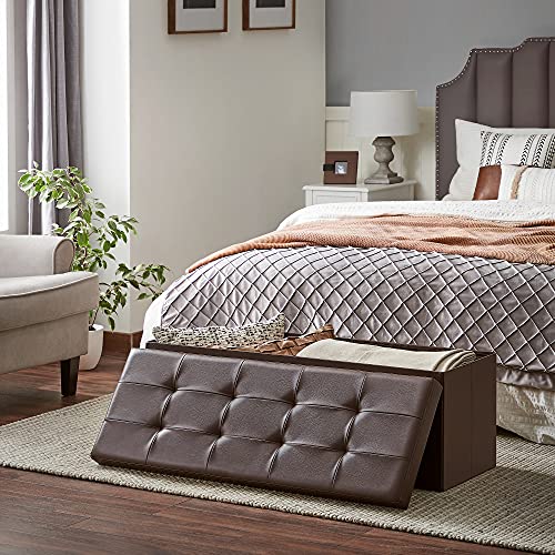 SONGMICS MAZIE Collection - 43 Inches Storage Ottoman Bench with Flipping Lid, Storage Chest with Iron Frame Support, Load 660 lb, for Living Room, Bedroom, Synthetic Leather, Brown ULSF75BR - color: Brown, size: 15"D x 43"W x 15"H