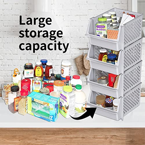 TidyFriend Stackable Storage Bins for Pantry, 4 Pack Stackable Bins For Organizing Food, Kitchen, and Bathroom Essentials (Light Grey) - color: Light Grey, size: 4 Pack