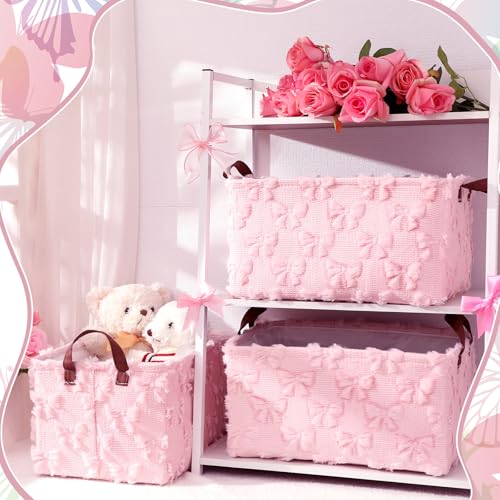 Kathfly 3 Pcs Bow Foldable Storage Baskets Pink Bow Plush Faux Fur Jacquard Design Laundry Basket with Handles Waterproof Storage Bins Fabric Shelf Baskets for Organizing Closet Clothes - style: Pink Bow