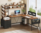 YOMILUVE L Shaped Desk with Hutch, Reversible Computer Desk with Drawers and Bookshelf, Home Office Desks with Storage Shelves for Bedroom Home Office, Brown and Black - color: Brown and Black