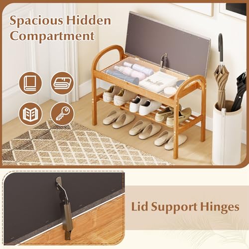 Giantex Shoe Bench with Flip-Top Storage, Bamboo 2-Tier Entryway Bench with Padded Cushion, Shoe Rack Bench for Hallway, Closet, Foyer, Living Room, Bedroom, Mudroom (with Flip-Top Storage) - size: 12.5"D x 27.5"W x 20"H（With Flip-Top Storage）