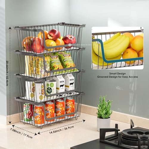 GAOKASE 4 Pcs Stackable Wire Baskets for Pantry Organizers and Storage,Vegetable Fruit Basket for Countertop,Kitchen Storage Metal Baskets,Produce Potato Onion Storage Bin,Gray - color: 1-Gray