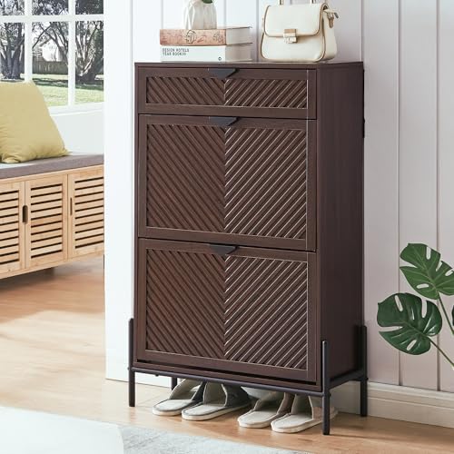 Shoe Cabinet Storage with 2 Flip Drawers, Narrow Hidden Shoes Organizer Cabinet for Entryway, Freestanding Slim Shoe Rack Front Door Entrance(Brown) - color: Brown, size: Medium