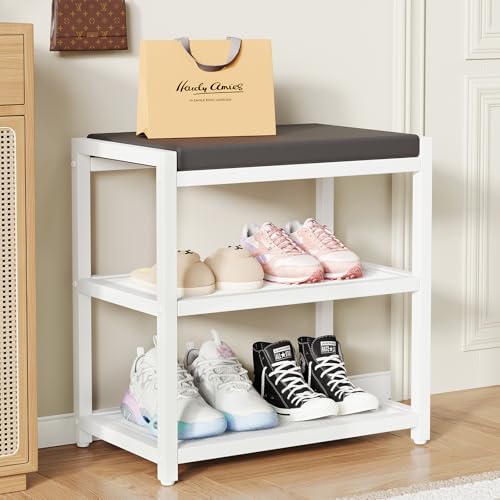 Small Shoe Bench Shoe Rack Storage Bench Entryway Bench Shoe Shelf with Seat Cushion, Stable Shoe Organizer for Entryway, Living Room, Bench Seat Holds Up to 300 lb, (18"L x 12"W x 17"H, White) - color: White, size: 18"L x 12"W x 17"H