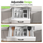 Bamboo Kitchen Drawer Organizer, Expandable Silverware Organizer with Removable Knife Block, 6-8 Slots- Utensil Holder & Cutlery Tray Drawer Dividers, 2.36" Deep for Extra Capacity, White - color: White