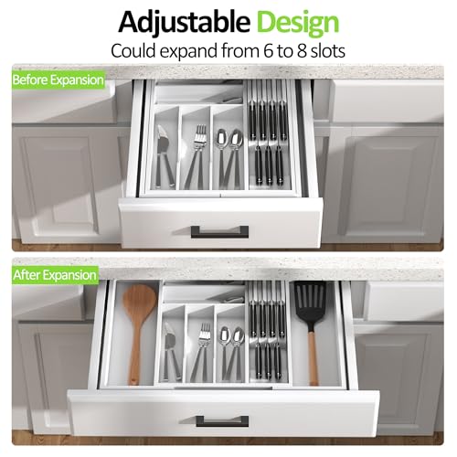 Bamboo Kitchen Drawer Organizer, Expandable Silverware Organizer with Removable Knife Block, 6-8 Slots- Utensil Holder & Cutlery Tray Drawer Dividers, 2.36" Deep for Extra Capacity, White - color: White